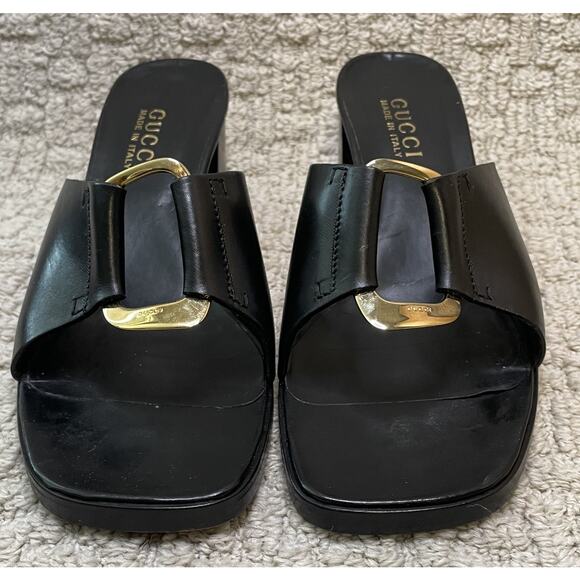 Gucci Black Leather Gold Buckle Slides Mules 9 Box EUC Sandals Shoes COA - Picture 9 of 16